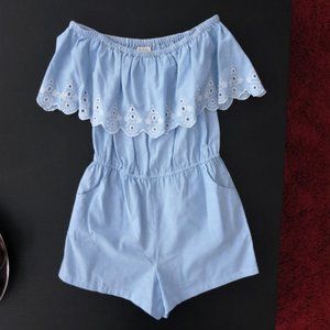 New with tag, Mud Pie "Juniper " Chambray Romper Ruffle Top Off Shoulder Eyelet